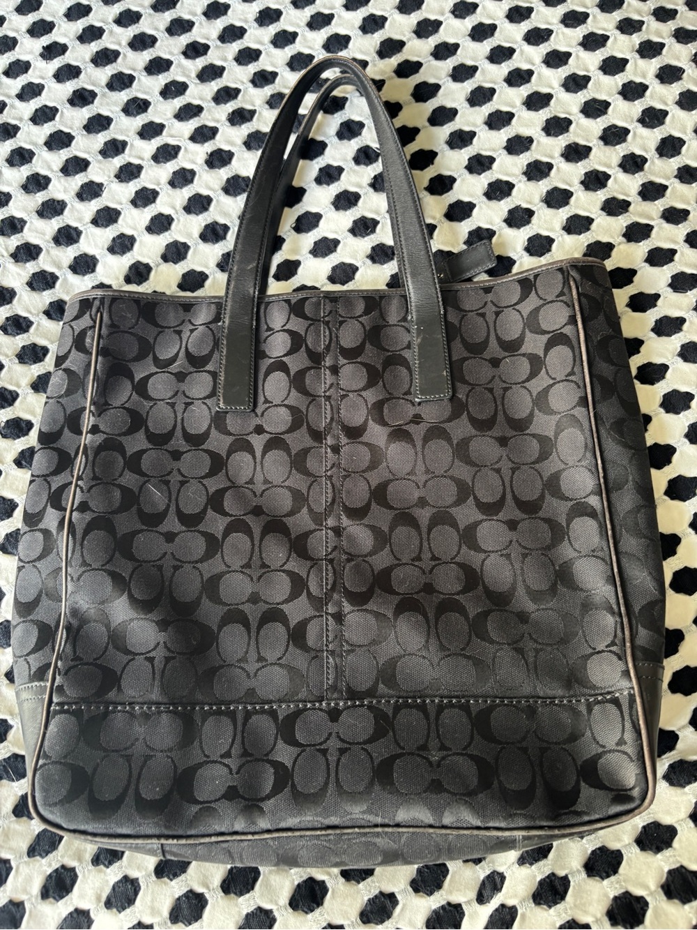 Coach Black Signature Canvas Tote with Leather Trim